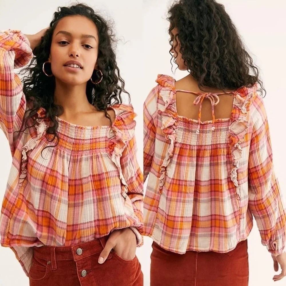 Free People • Siena Plaid Pullover top blouse orange pink smocked peasant
